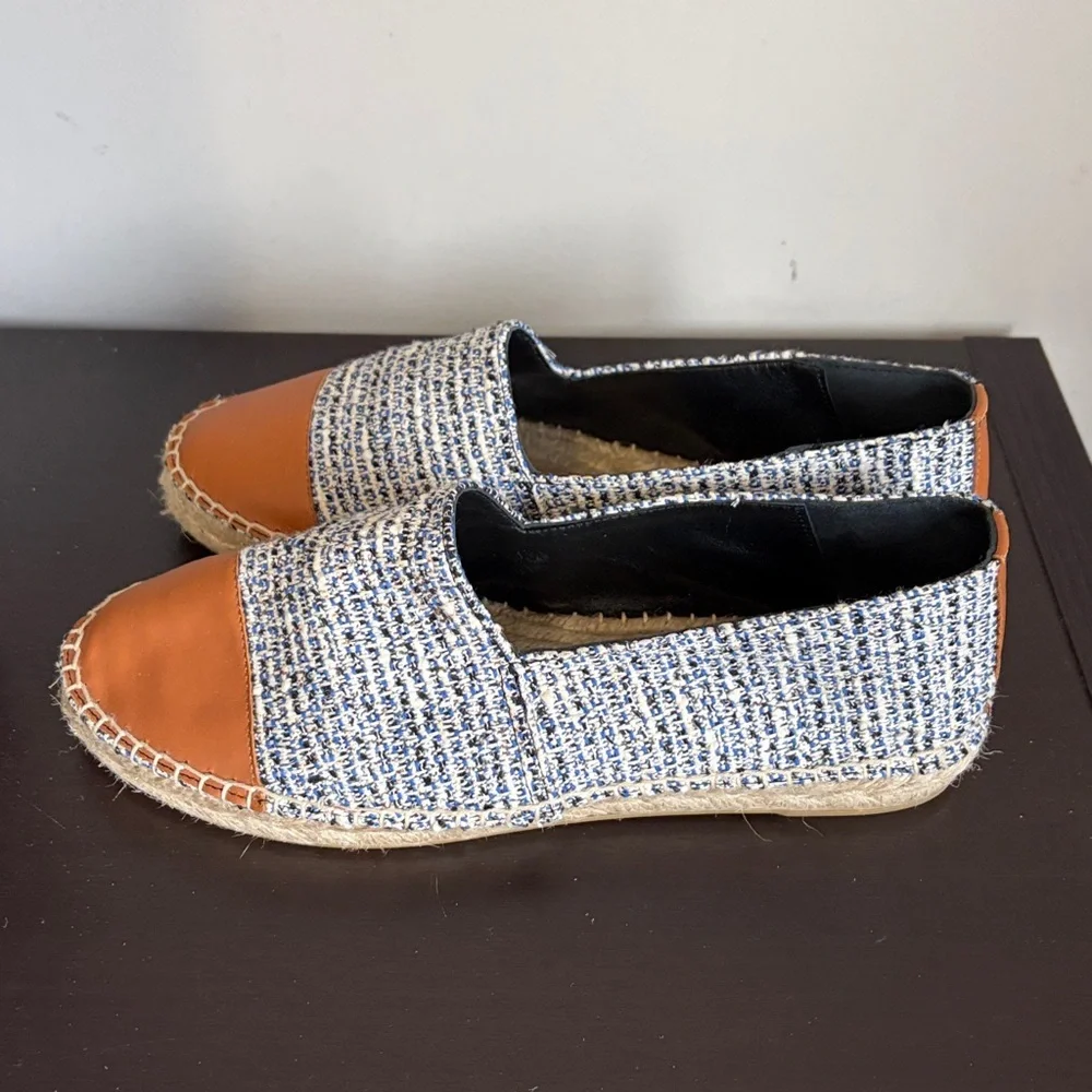 J McLaughlin Alexa Tweed and Leather Toe Espadrilles Shoe Blue Brown Sz 8